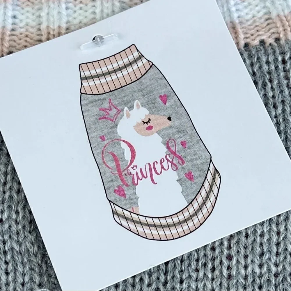 NEW Dog Princess Llama Grey & Pink Knit Sweater. Size Large
